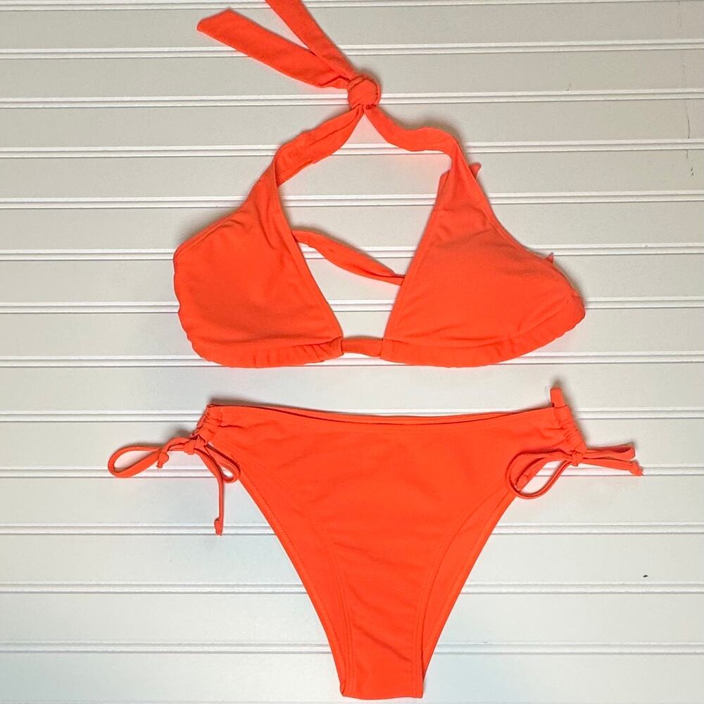 Womens 2 Piece Swimsuit Orange Halter Bikini XS Tie Side Bottoms Swimwear